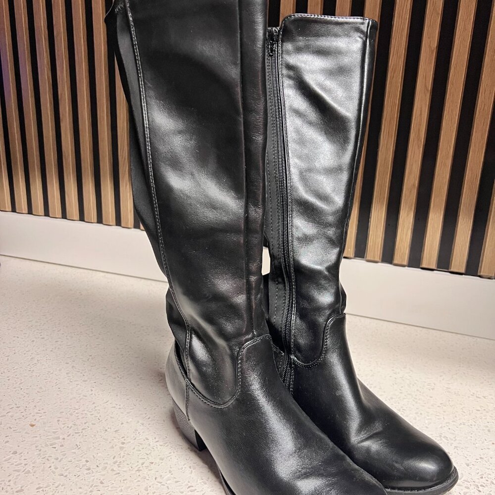 Knee High Tall Riding Boots, Round Toe Low Heel Stretchy Comfy Wide Calf